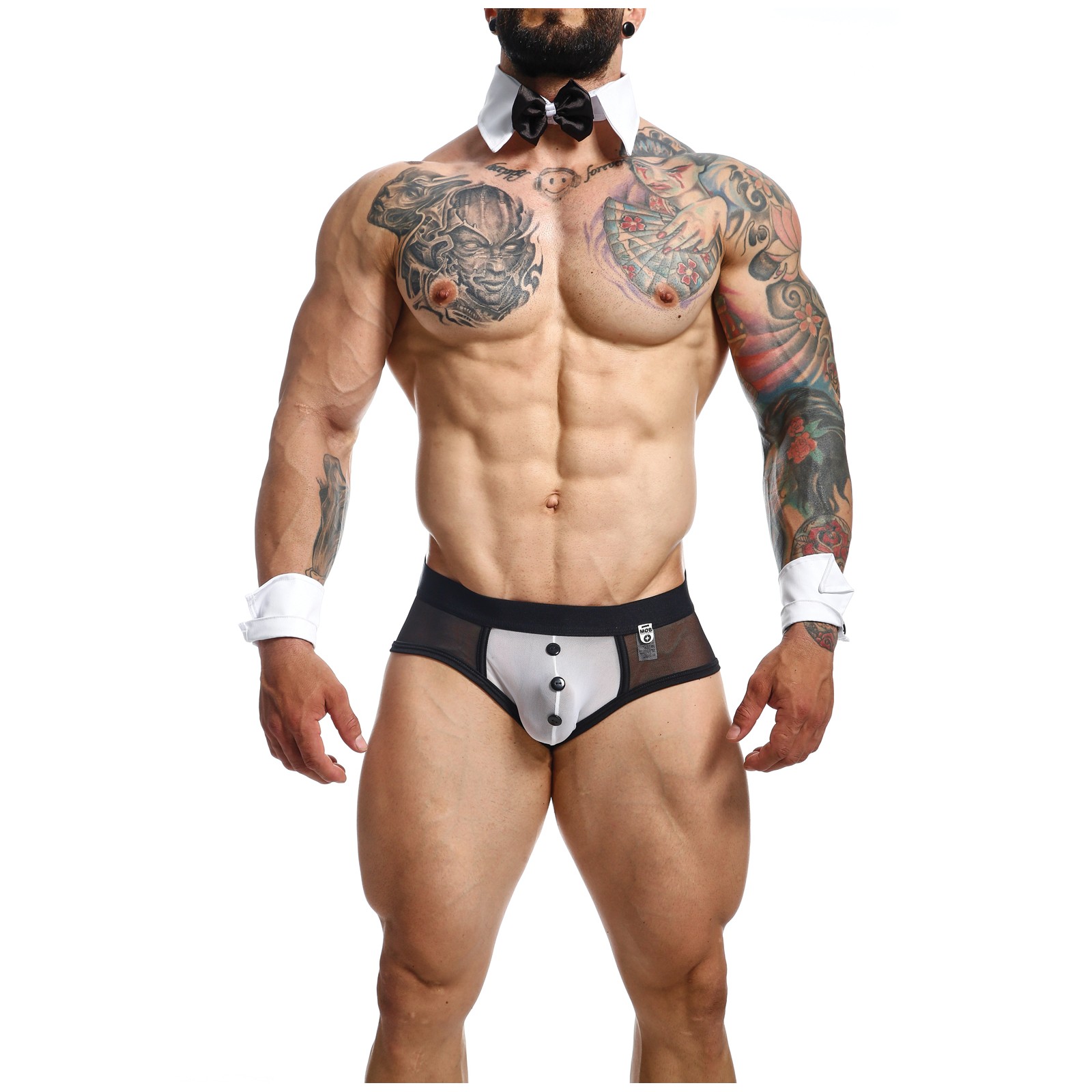 Male Basics MOB Maitre D Brief with Bow & French Cuffs in Black/White SM