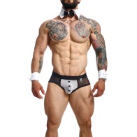 Male Basics MOB Maitre D Brief with Bow & French Cuffs in Black/White SM