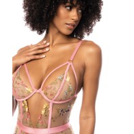 Floral Embroidered Teddy with Underwire and Garters Pink Medium