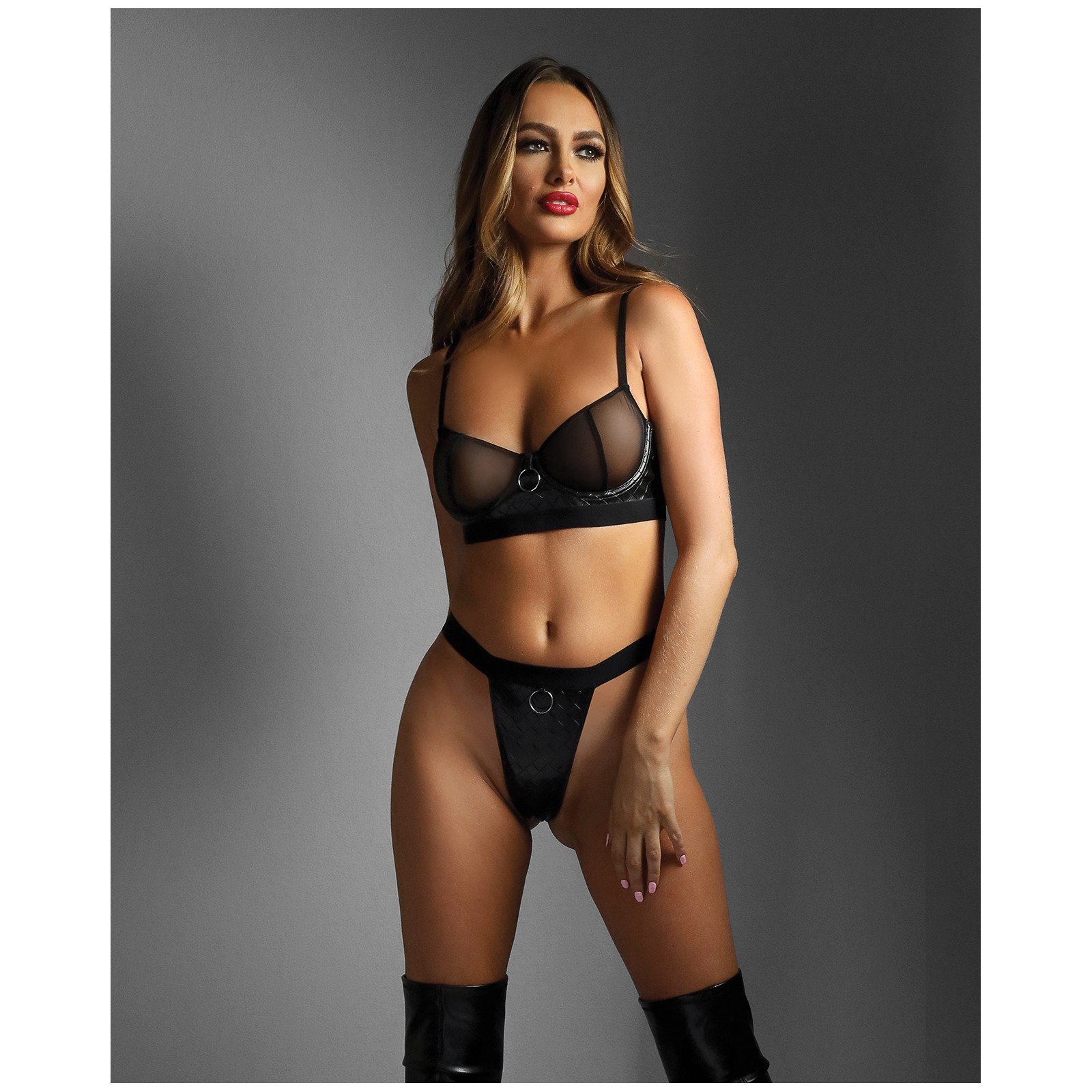 Edge Quilted Wetlook Bra and Crotchless Panty Set Black L/XL