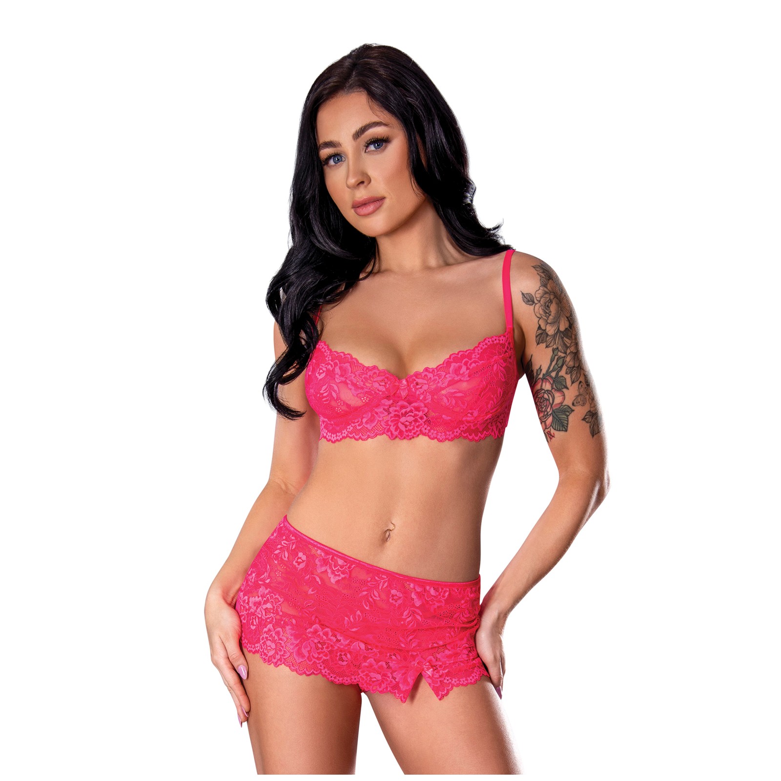 Conjunto Sujetador de Encaje, Falda y Tanga Get It Girl - Rosa