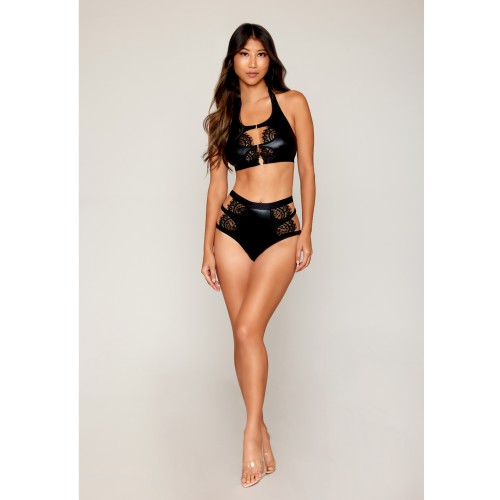 Bralette de Cuero Sintético y Encaje de Pestaña con Panty de Cintura Alta - Negro LG