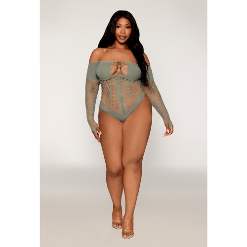 Seamless Long Sleeve Teddy w/Removable Halter Chain - Sage Green Queen Size