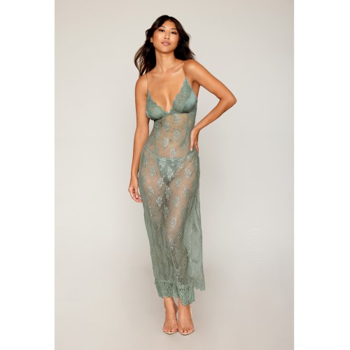 Eyelash Lace Satin Long Chemise G-String Sage Green XL