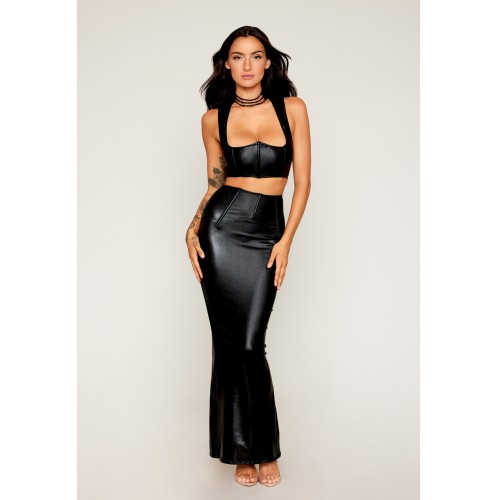 Stretch Faux Leather Harness Bra and Long Slip Skirt