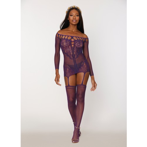 Scalloped Lace and Fishnet Garter Dress with Stockings - Purple O/S