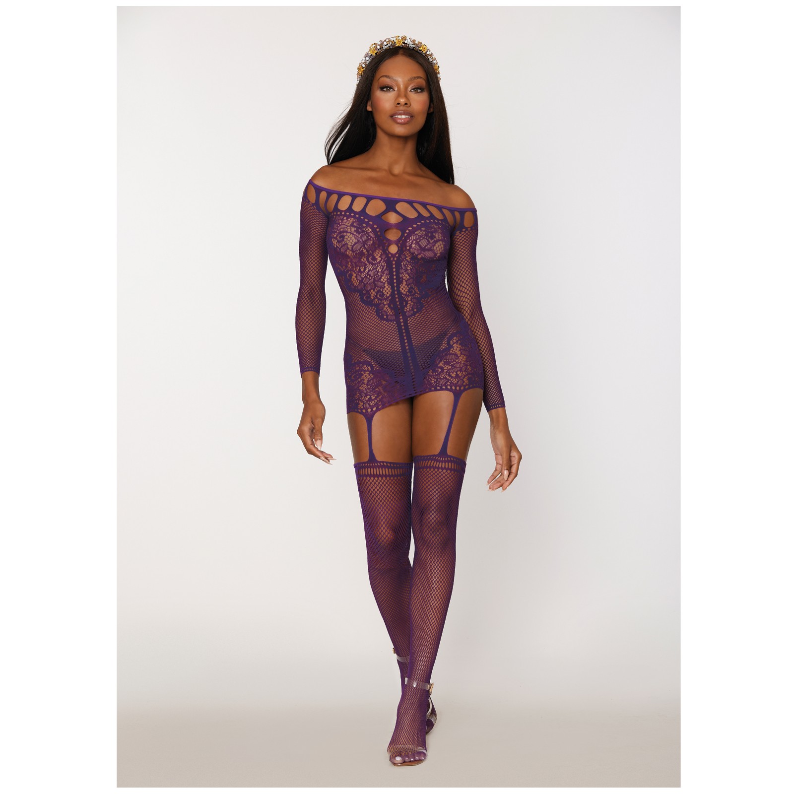 Scalloped Lace and Fishnet Garter Dress with Stockings - Purple O/S