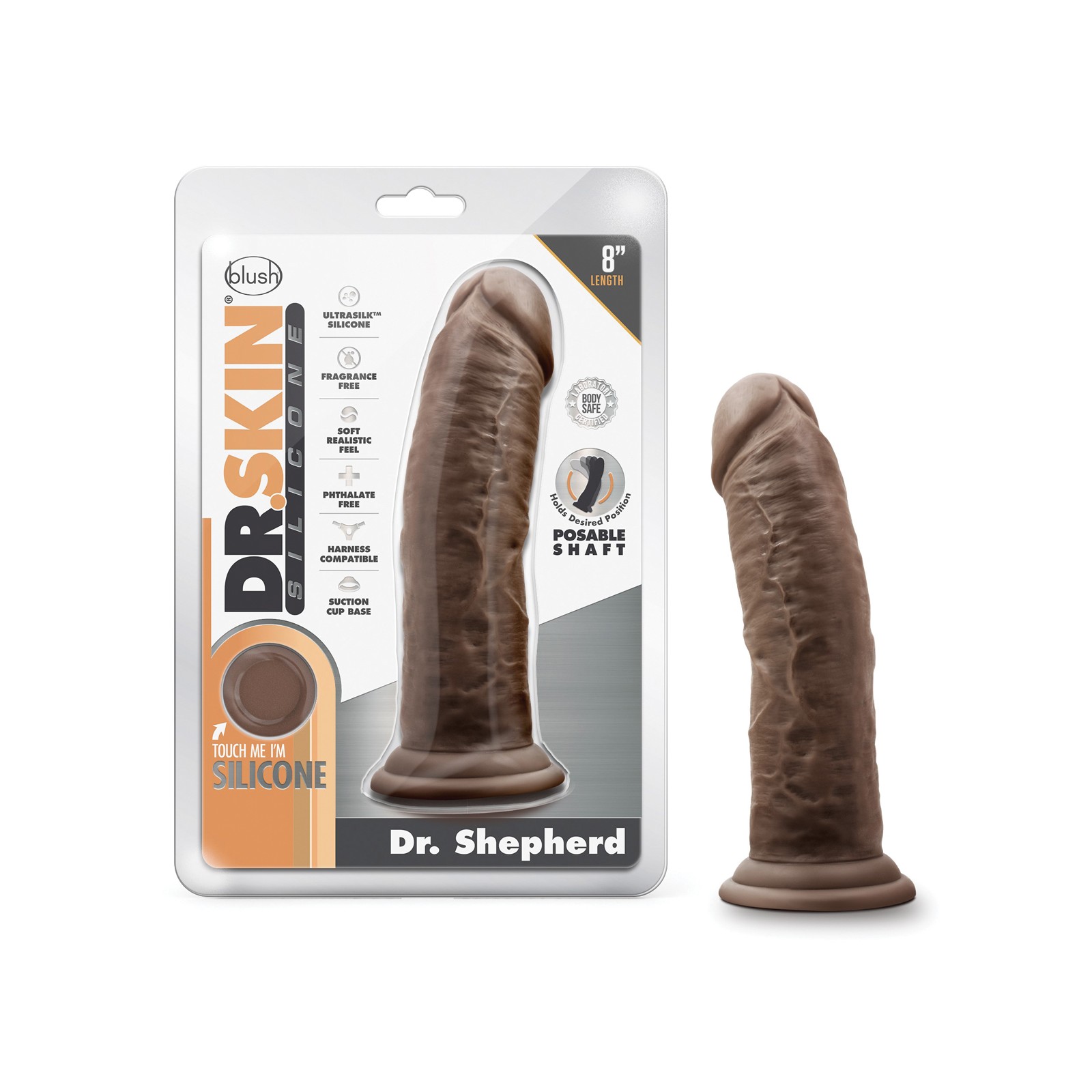 Blush Dr. Skin Silicone Dr. Shepherd 8" Dildo w/Suction Cup - Chocolate - Realistic Pleasure