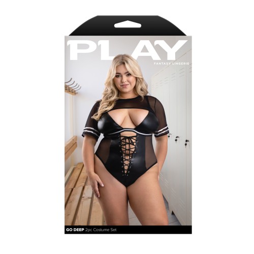 Play Go Deep Lace-up Bodysuit with Jersey Shrug - Black 1X/2X