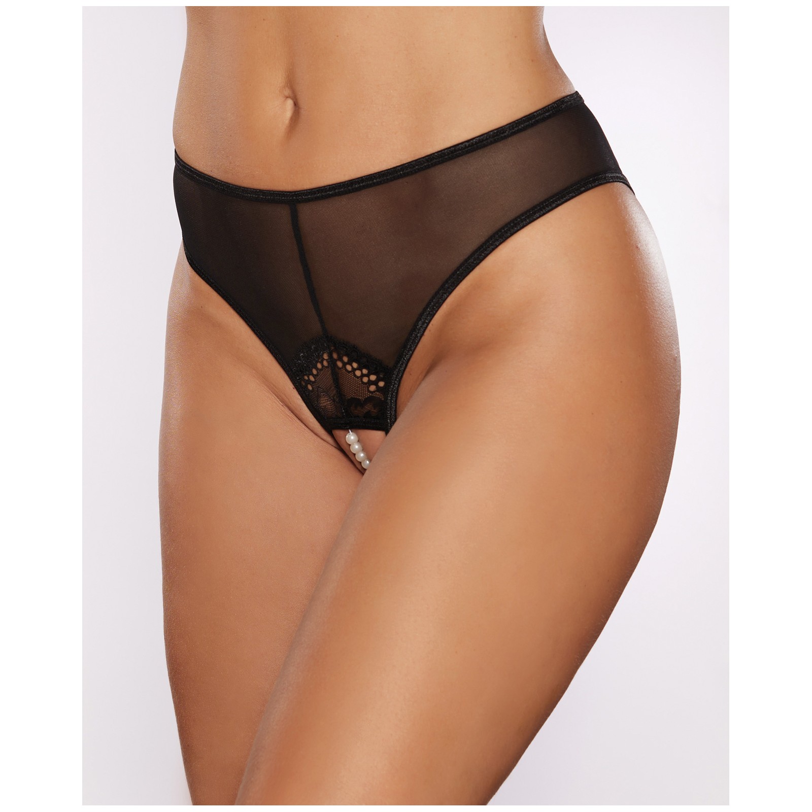 Allure Blushing Crotchless Panty with Pearls Black One Size