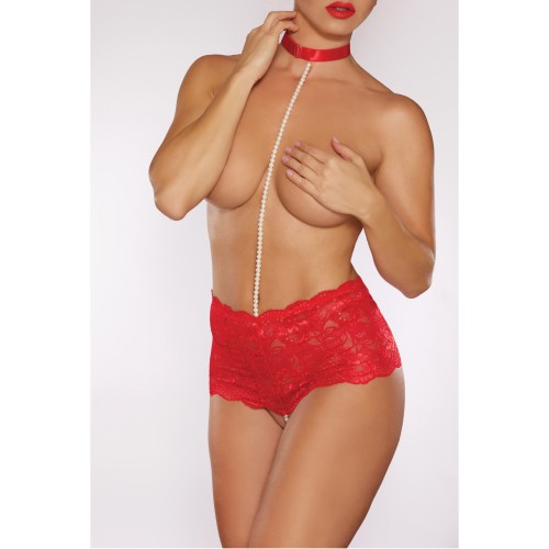 Allure Posh & Spicy Crotchless Panty with Choker & Pearls - Red O/S