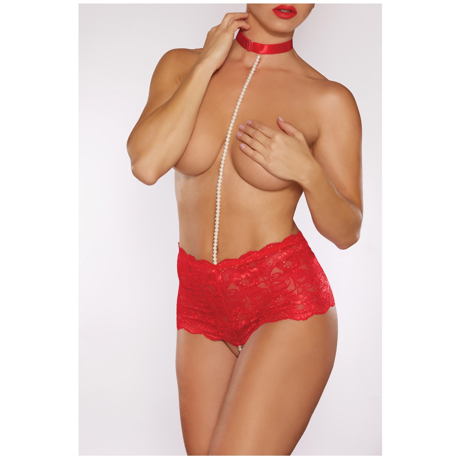 Allure Posh & Spicy Crotchless Panty with Choker & Pearls - Red O/S