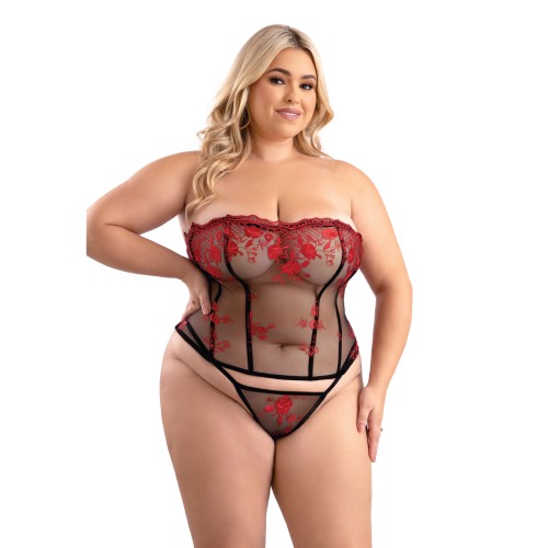 Corset de Malla Bordada Floral con G-String Rojo Negro