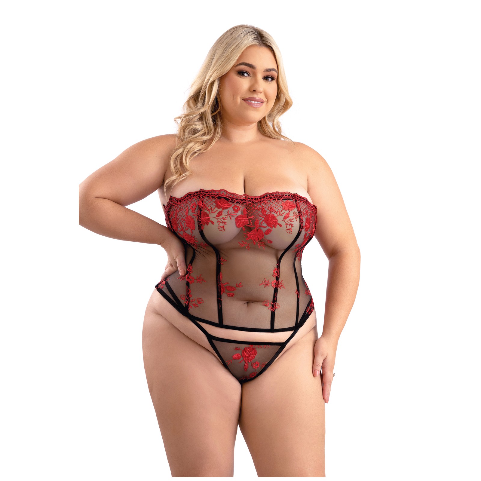 Corset de Malla Bordada Floral con G-String Rojo Negro