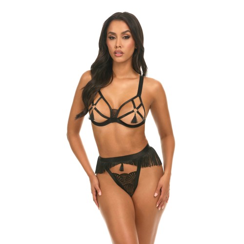 Annika Open Cup Fringe Bra Set Black L/XL