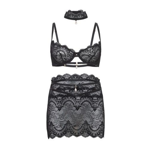 Conjunto Perla de Encaje 3 Piezas con Detalles de Perla - Elegante Negro L/XL