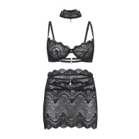 Perla Lace 3-Piece Set with Pearl Details - Elegant Black L/XL