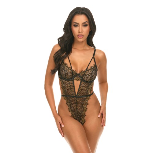 Greta Snake Eyelash Lace Teddy Black/Gold