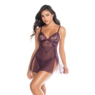 Babydoll de Encaje y Malla con Tanga - Mulberry