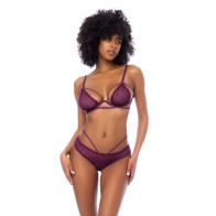 Dot Mesh Underwire Top with Open Back Panty - Wine L/XL