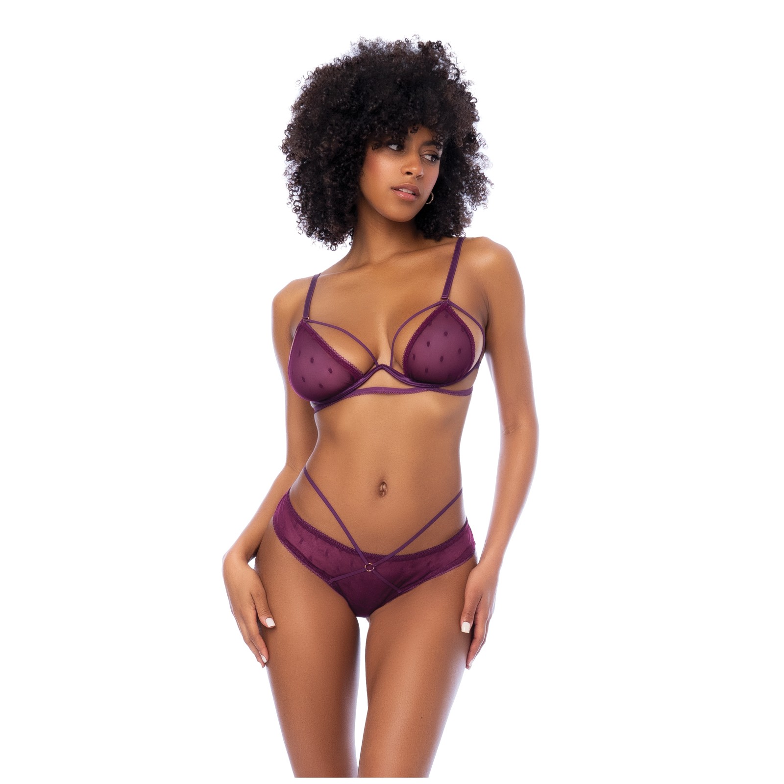 Dot Mesh Underwire Top Open Back Panty Wine S/M