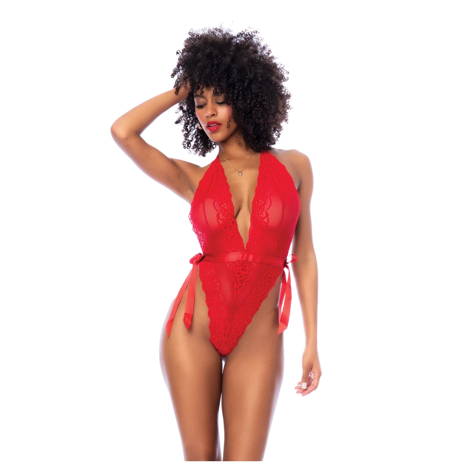 Lace Deep-V Halter Teddy with Hook and Eye Closure Red S/M