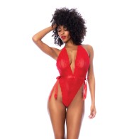 Lace Deep-V Halter Teddy with Hook and Eye Closure Red S/M