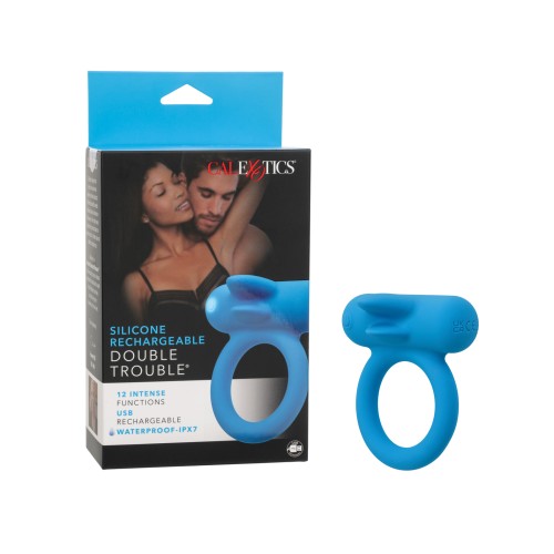 Couple's Enhancer Silicone Rechargeable Double Trouble Enhancer w/Flickering Dual Teasers - Blue