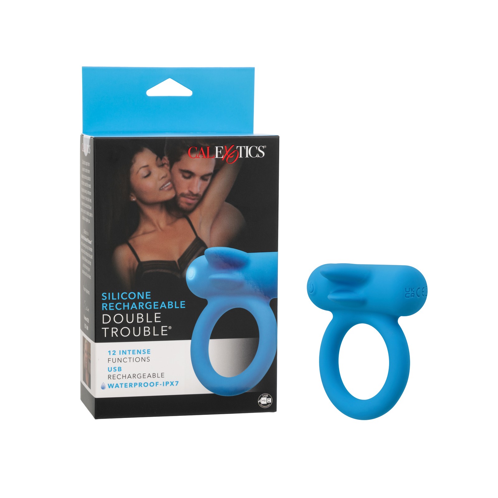 Couple's Enhancer Silicone Rechargeable Double Trouble Enhancer w/Flickering Dual Teasers - Blue