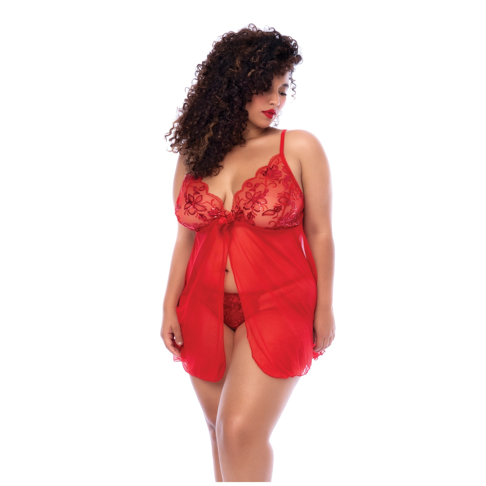 Babydoll con Lentejuelas y Tanga Rojo 3X/4X