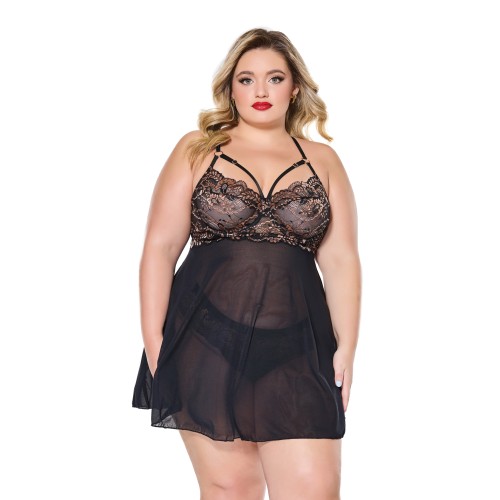 Babydoll de Encaje y Malla con Tanga Negro Oro Rosa 1X 2X