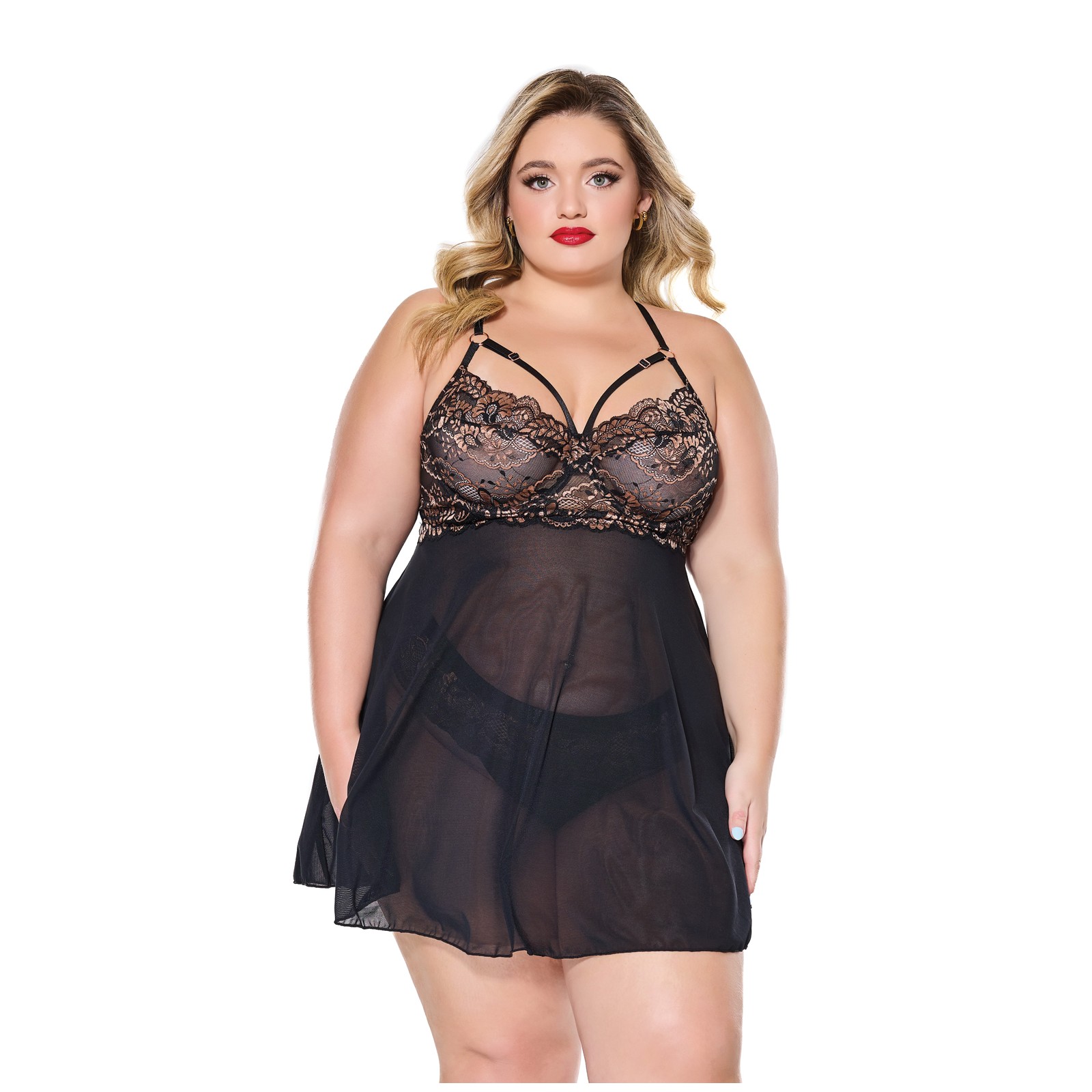 Lace Mesh Underwire Babydoll Thong Black Rose Gold 1X 2X