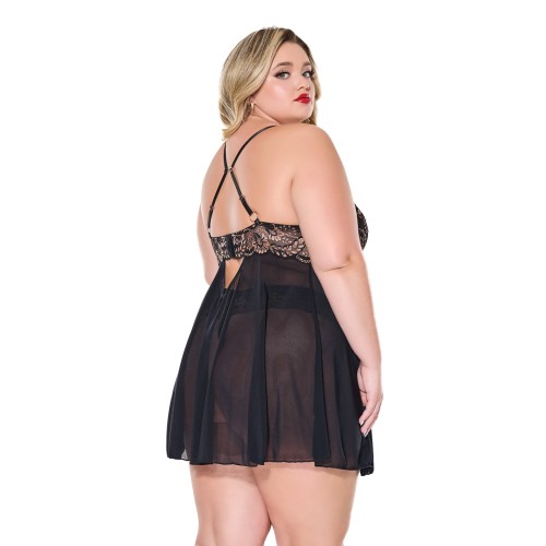 Babydoll de Encaje y Malla con Tanga Negro Oro Rosa 1X 2X