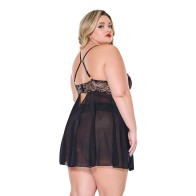 Babydoll de Encaje y Malla con Tanga Negro Oro Rosa 1X 2X