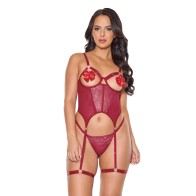 Bustier de Encaje Escalopado Metálico con Thong Rojo XL