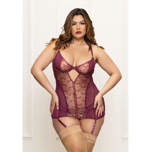 Metallic Lace Gartered Chemise Thong Plum 1X 2X