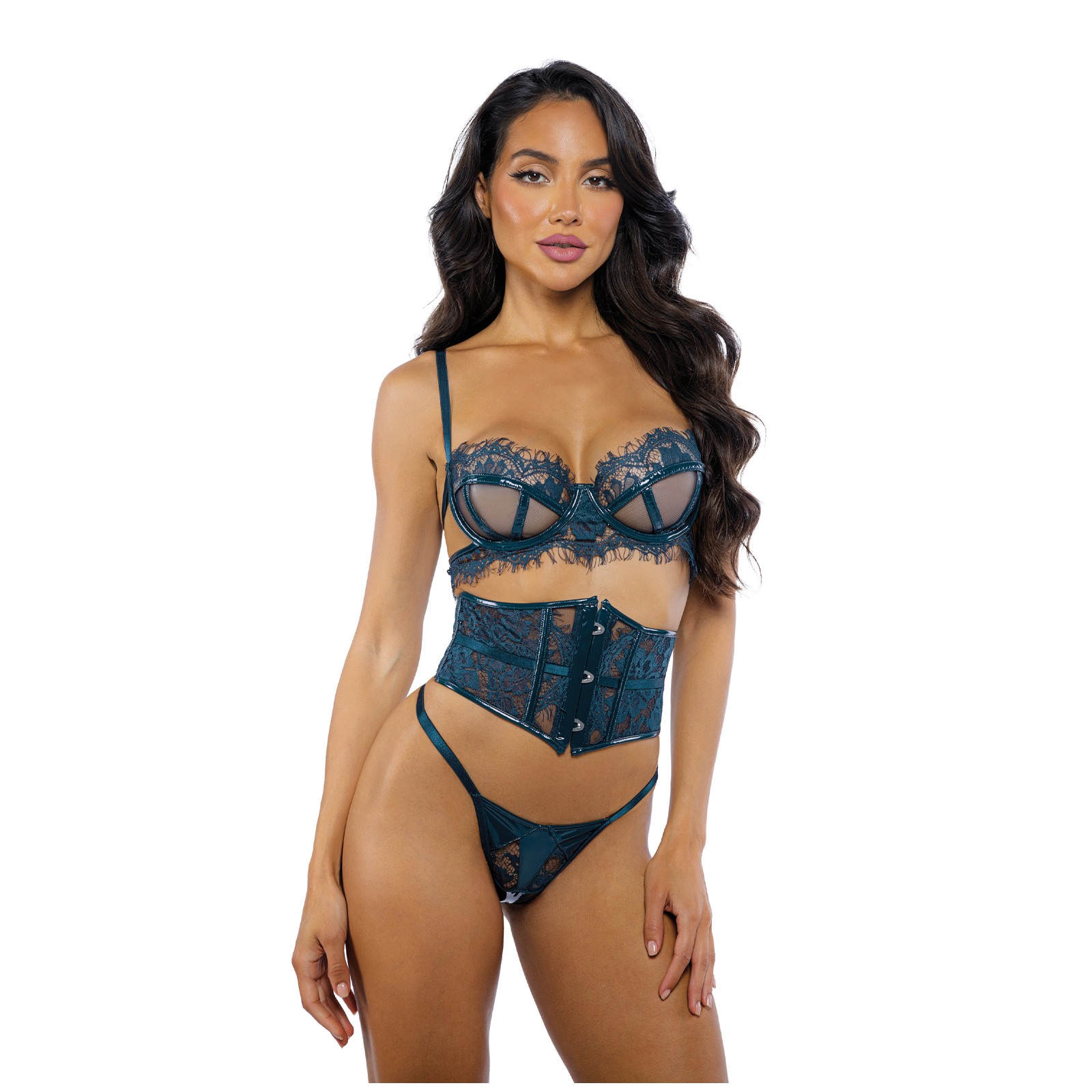 Eden Scalloped Eyelash Lace & Wet Look Waspie 3 pc Set