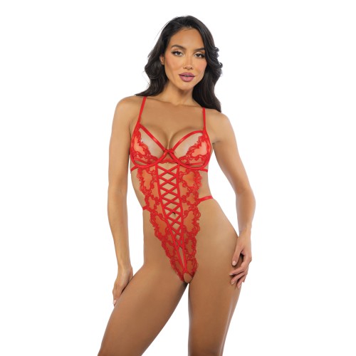 Baroque Heart Embroidered Lace Teddy - Red LG