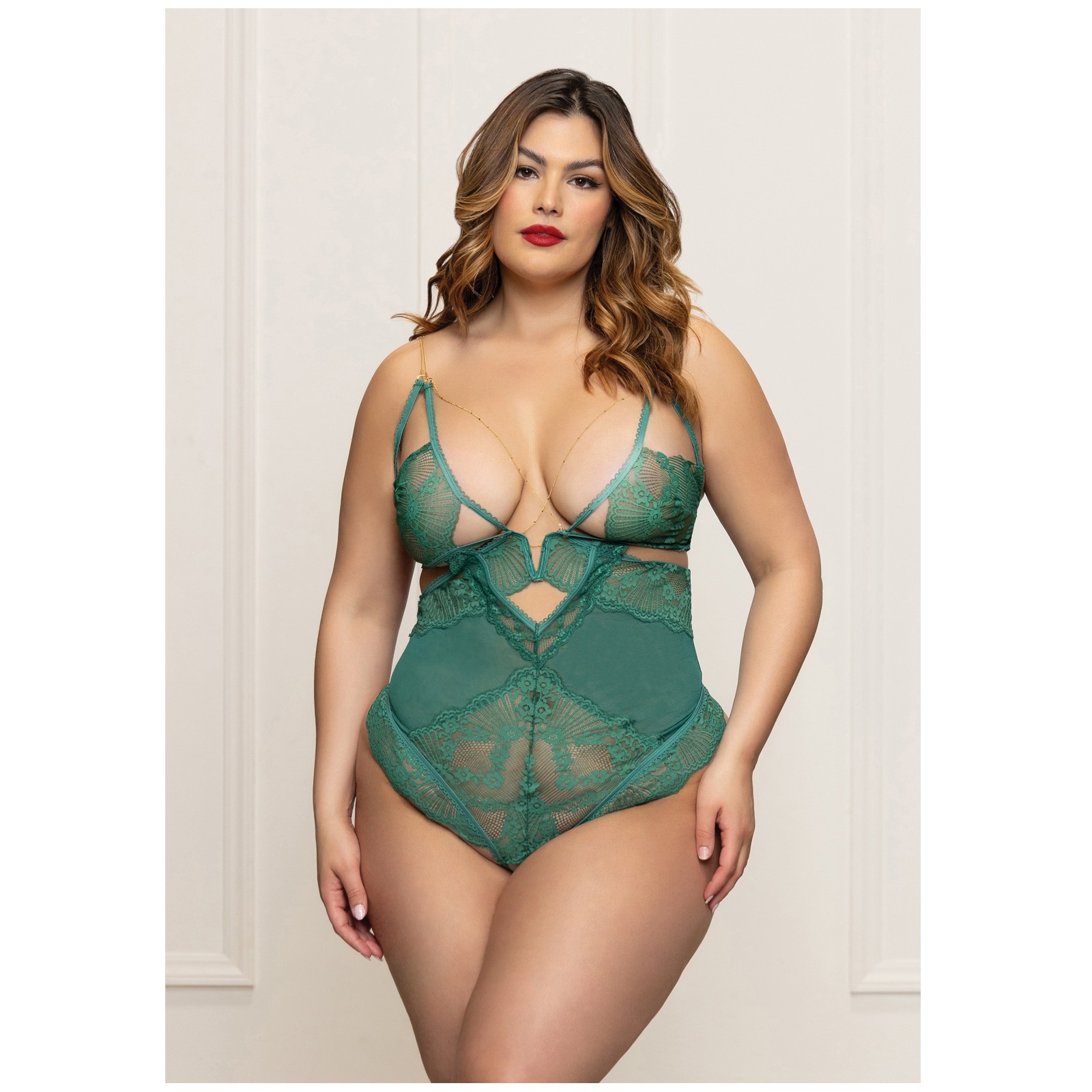 Lace Mesh Open Crotch Teddy Gold Straps Green