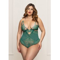 Lace Mesh Open Crotch Teddy Gold Straps Green