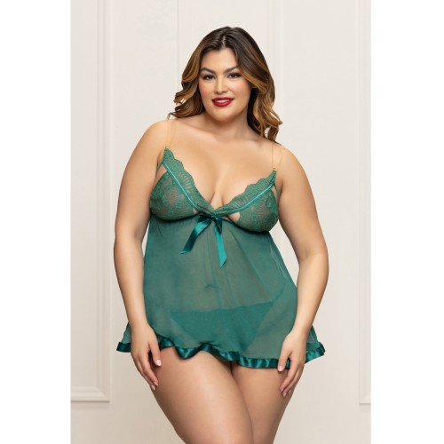 Babydoll de Encaje y Malla Tiras Doradas Tanga Verde