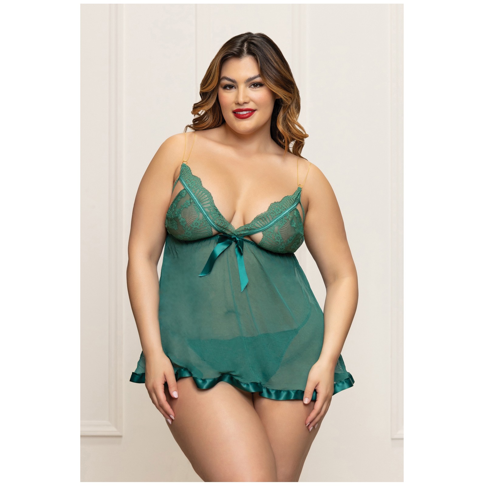 Babydoll de Encaje y Malla Tiras Doradas Tanga Verde