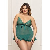 Babydoll de Encaje y Malla Tiras Doradas Tanga Verde