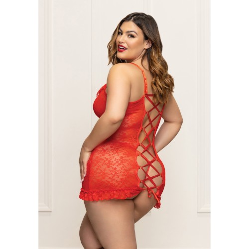 Chemise de Encaje Acabado de Volantes G-String Rojo QN