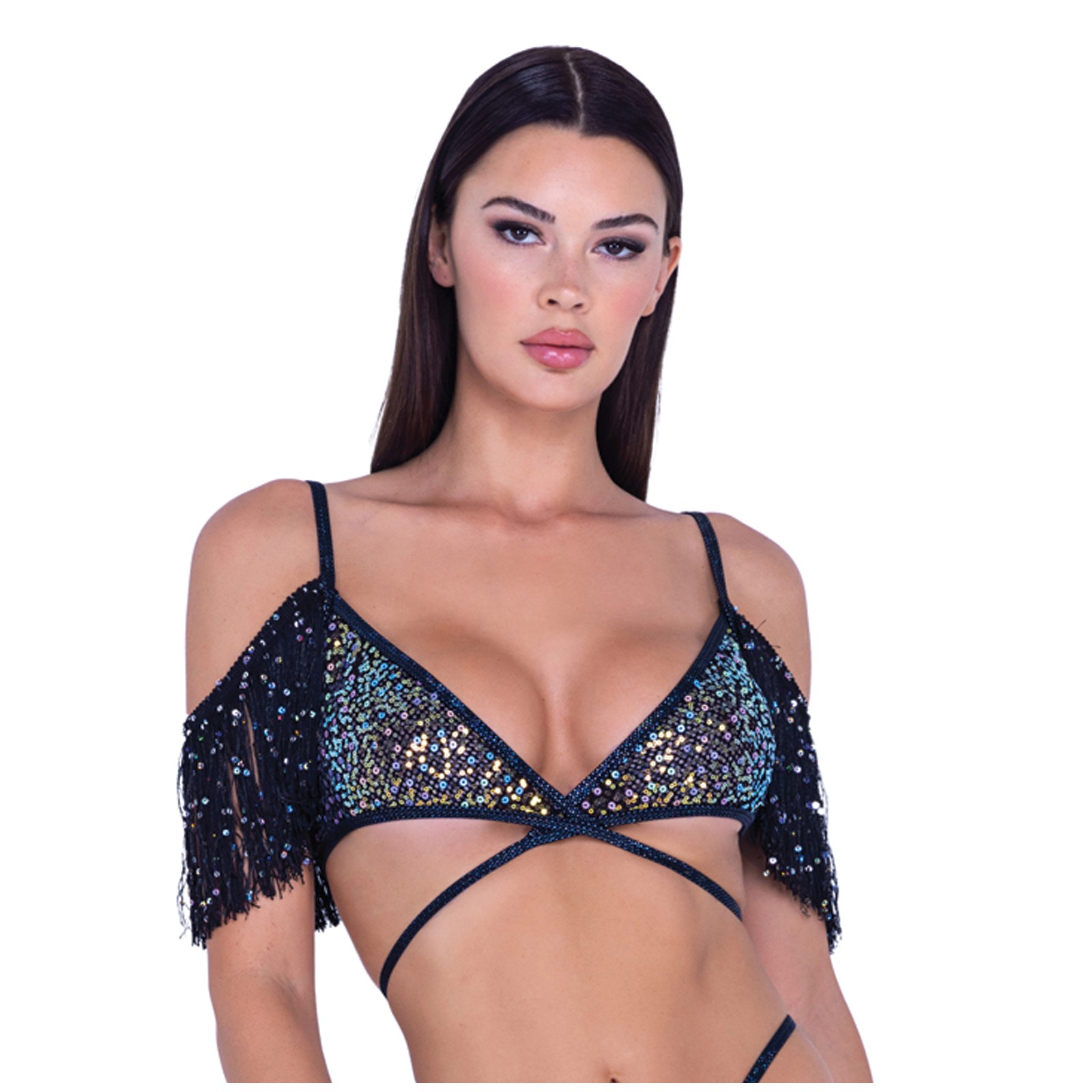 Sequin Fishnet Fringe Top Black/Multi Medium for Dazzling Nights