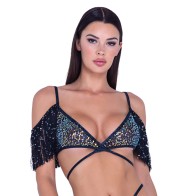 Top de Red con Flecos de Lentejuelas Negro/Multi Mediano para Noches Deslumbrantes