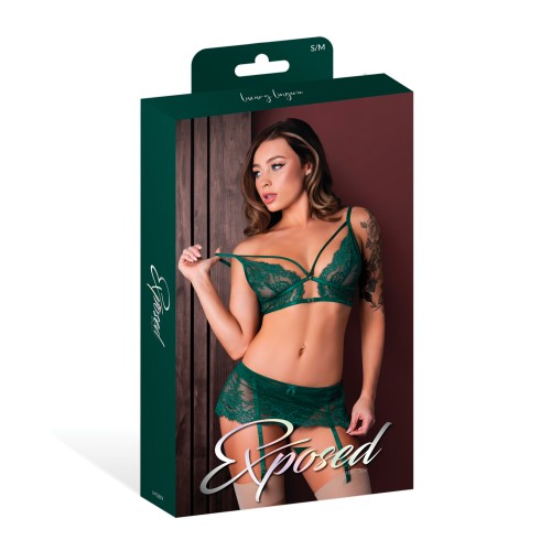 Evermore Bralette Garter Skirt and Thong Set Emerald