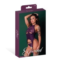 Leather & Lace Stretch Mesh Corset Panty Set in Plum