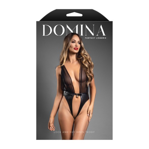 Domina Plunge Front Sheer Mesh & Vegan Leather Teddy with Lock & Key - Black S/M