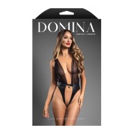 Domina Plunge Front Sheer Mesh & Vegan Leather Teddy with Lock & Key - Black S/M